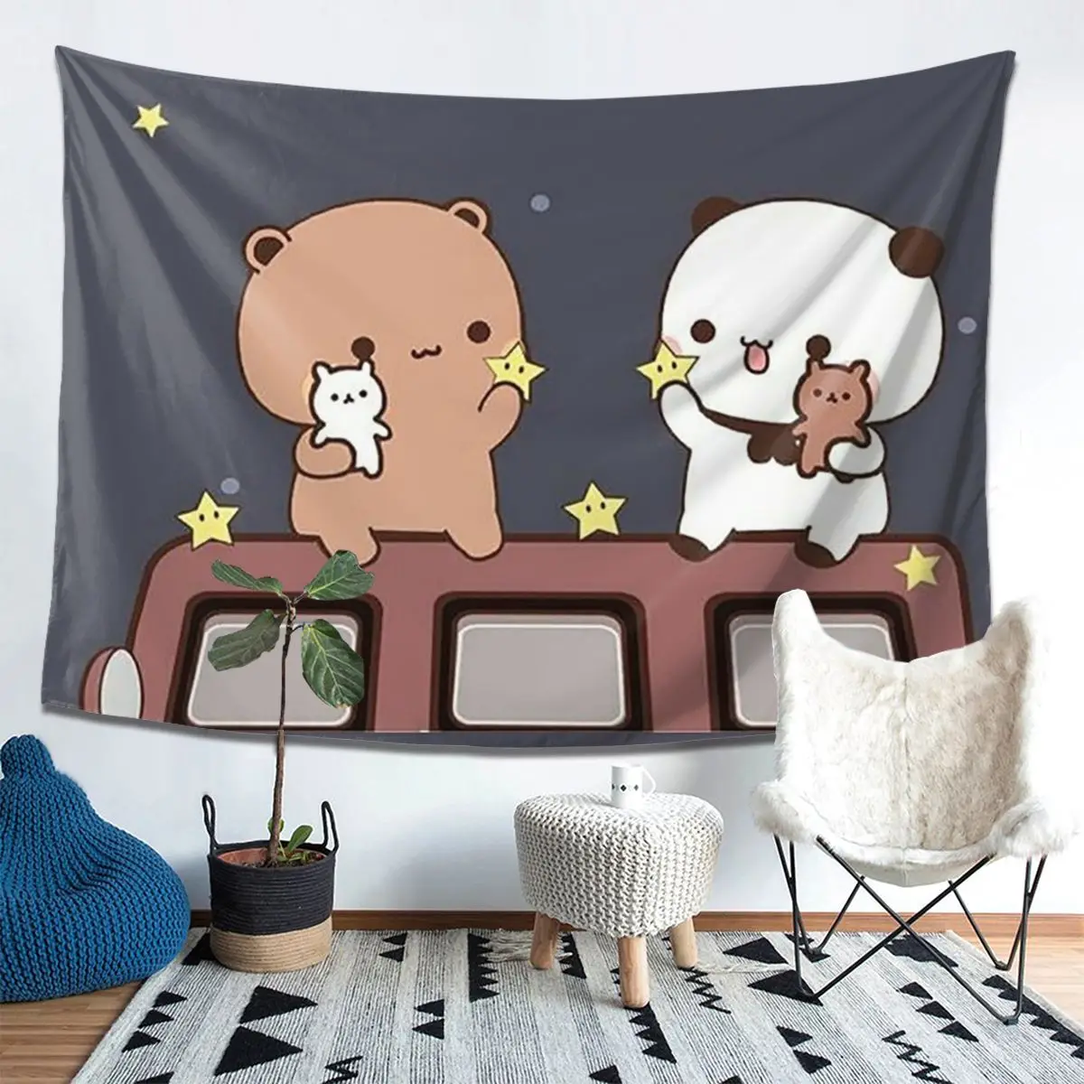 

Bubu And Dudu Watching The Moon Togethe Tapestry Decor Art Aesthetic Tapestries Living Room Bedroom Home Wall Cloth Wall Hanging