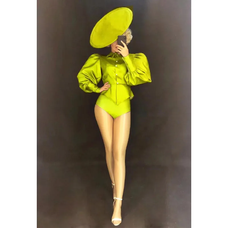 Sexy Bodysuit Big Hat Womens Nightclub Costume Teams Catwalk Stage Birthday Party Wear Bar Jazz DJ Pole Dancing Jumpsuit Female