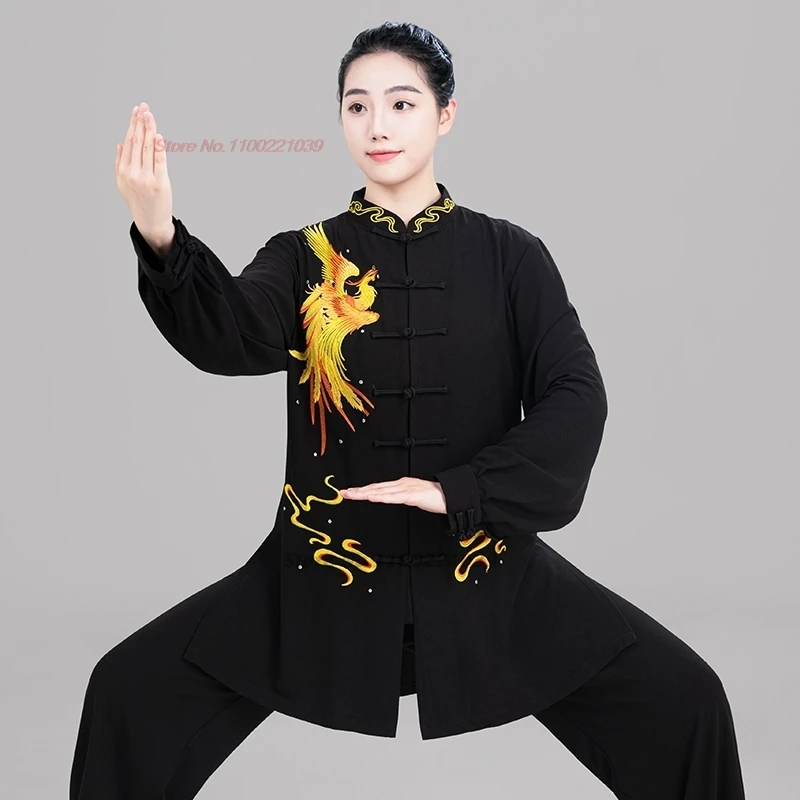 

2025 chinese vintage kung fu tai chi martial arts taijiquan wushu training exercise practice phoenix embroidery tops+pants set