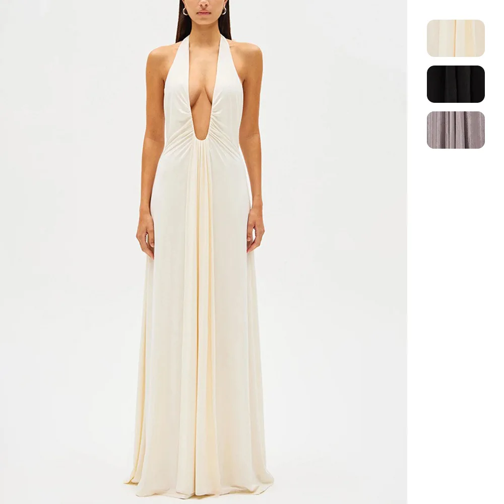 Vestido Longo de Verão 8075 para Mulheres, Cor Sólida, Transparente, Decote Baixo, Sem Mangas, Roupa Sensual Y2K, Renda Sexy