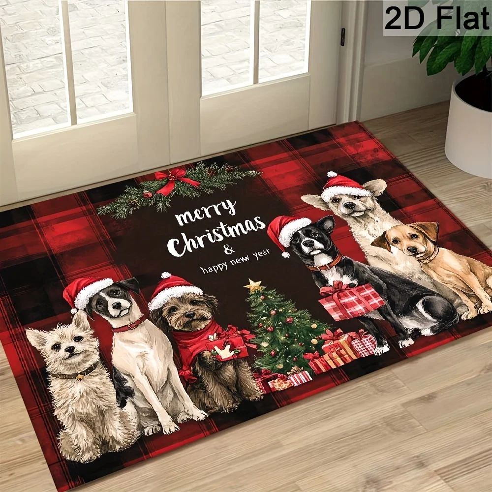 Funny Dogs Santa Hats Checkered Christmas Welcome Doormat Non Slip Washable Mat For Pet Owners Holiday Home Decor