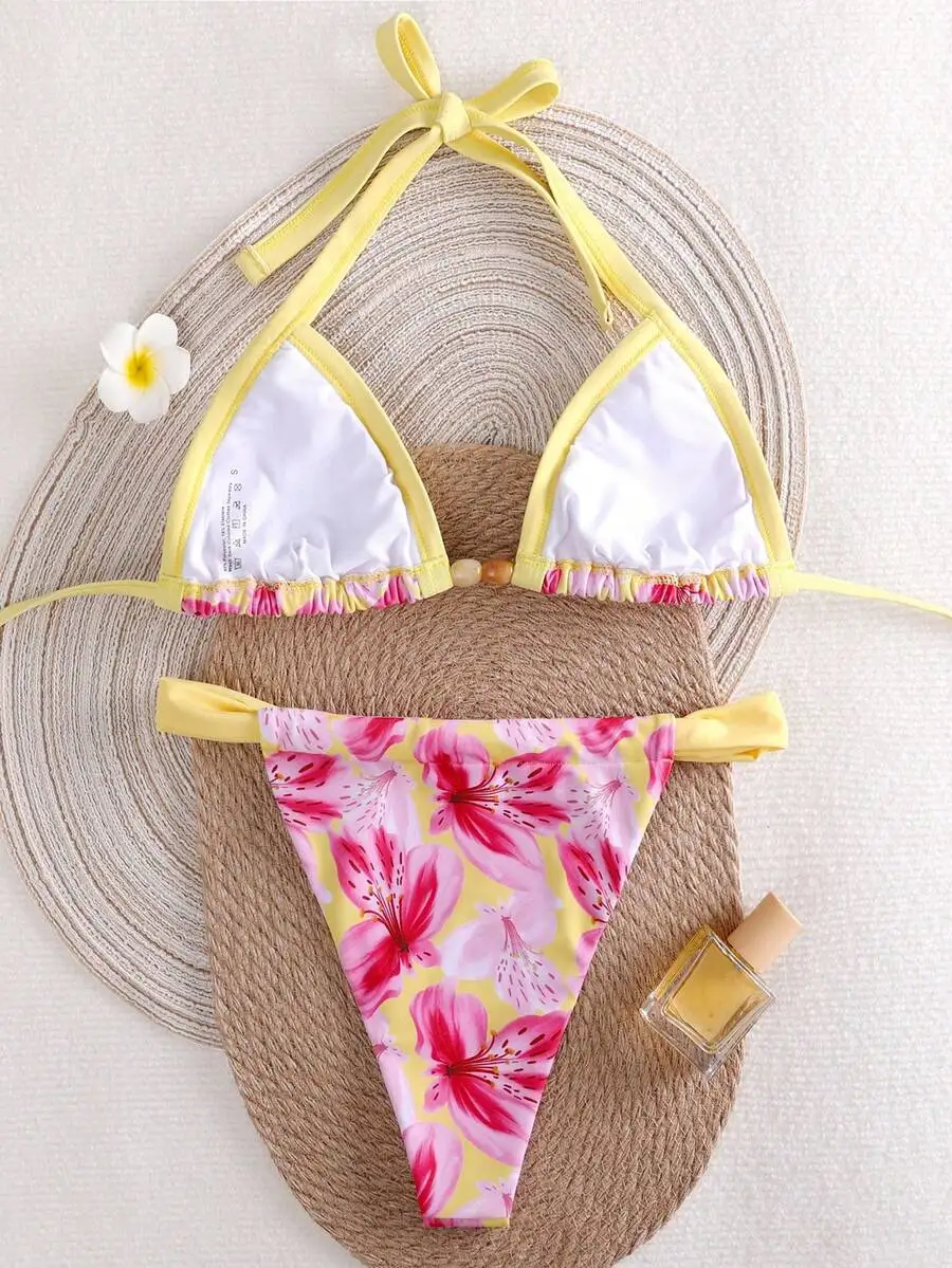 

Womens Floral Print Halter Bikini Set Yellow Pink White Summer Beach Swimwear