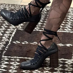 Square Toe Lace Up Sandals Block Heels Strappy Cutouts Mary Janes Summer Casual Dress Party Pumps Classic Hollow Sandals