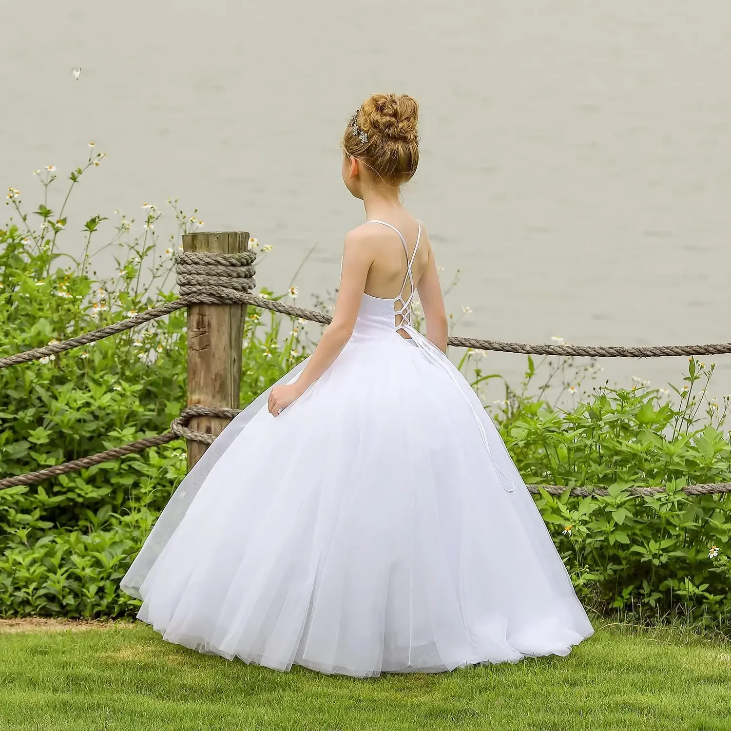 Gaun Kontes untuk Anak Perempuan Gaun Gadis Bunga Gaun Pernikahan Renda Tali Silang Gaun Pesta Pengiring Pengantin Pesta Gaun Putri
