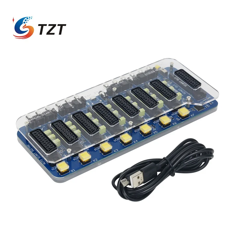 

TZT New Acrylic Case Automatic/Manual SCART SWITCH Distributor Converter 7 Input 1 Output Divider Board Device