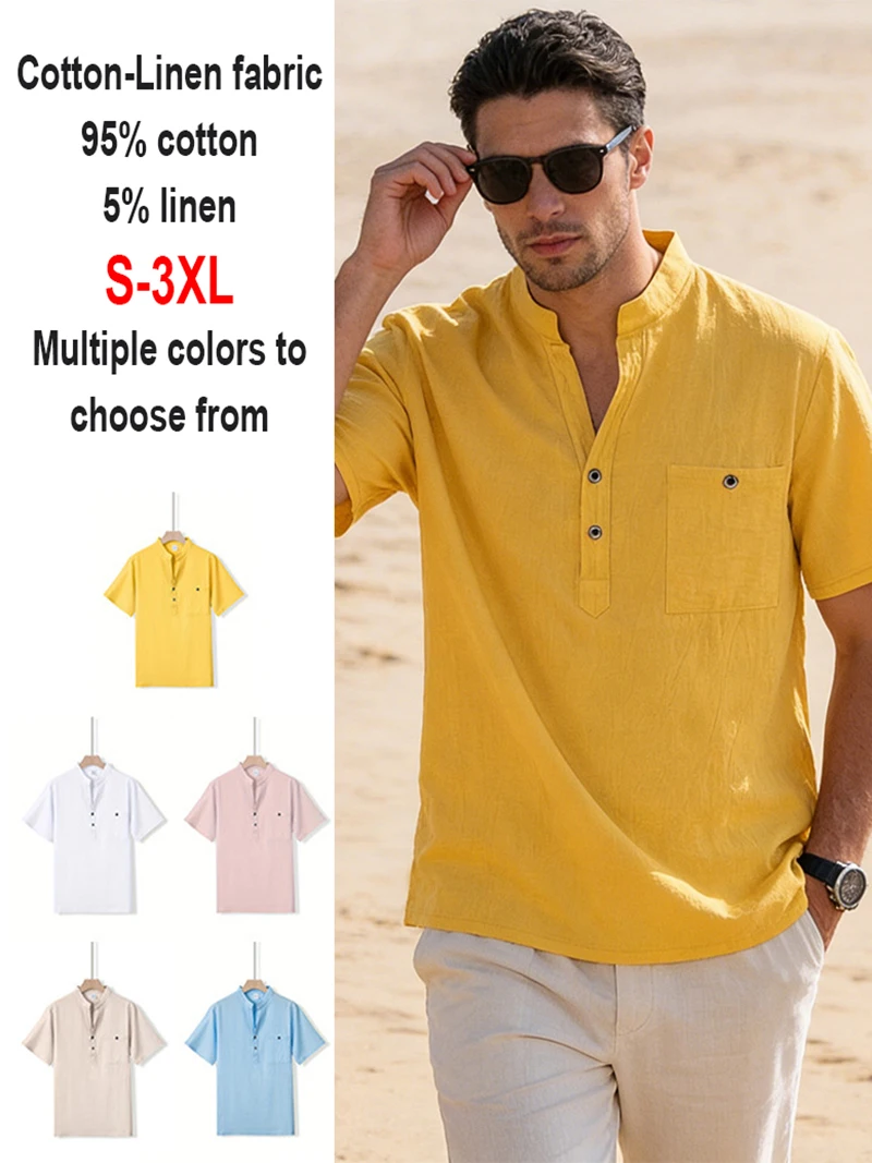 Men's Cotton Linen Henley Shirt Short Sleeve Stand Collar Button Down Breathable Casual Beach Vacation Daily Wear Tops for Men