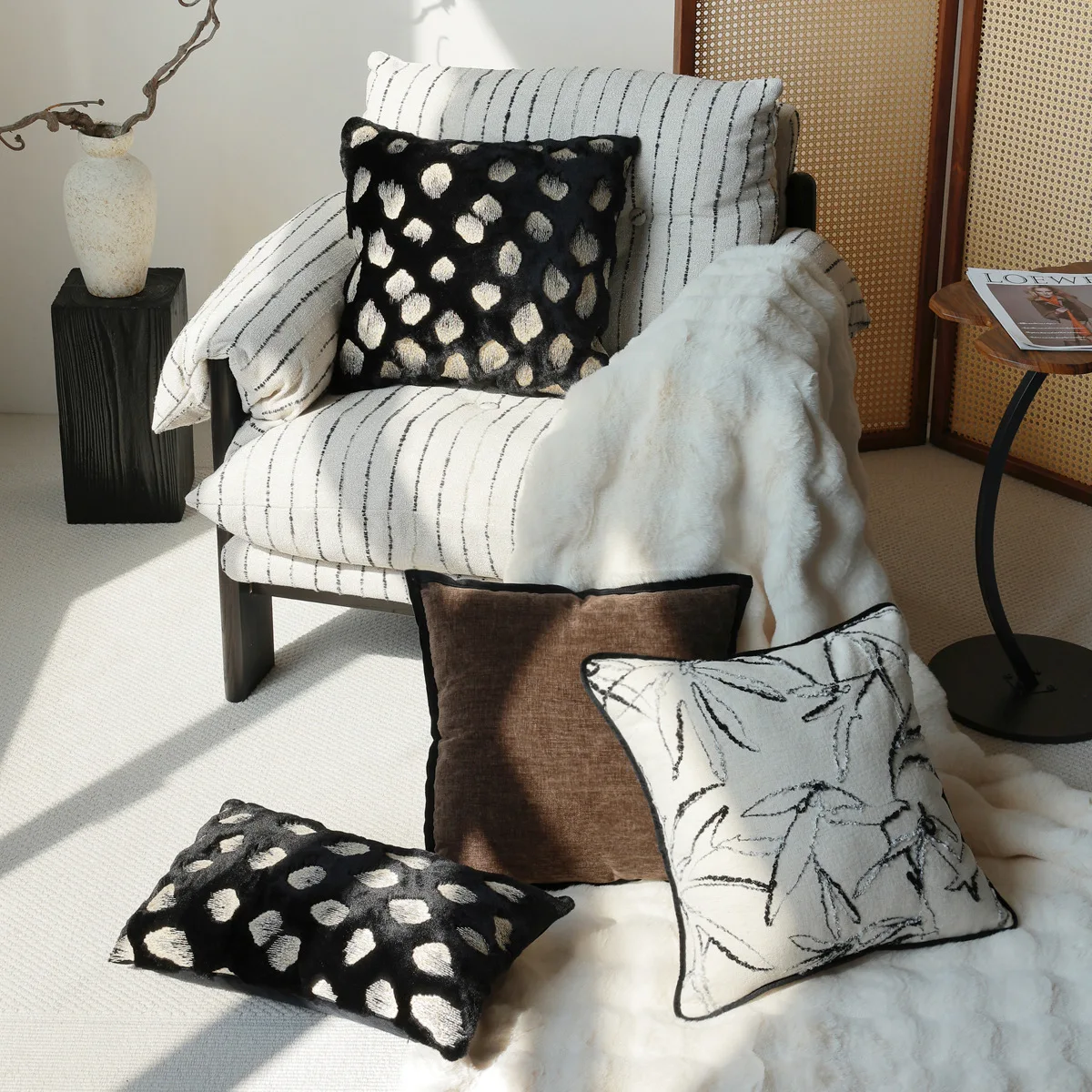

Premium Embroidered Faux Fur Pillow Cover Modern Boho Black White Geometric Abstract Spot Pattern Cushion Cover for Sofa Decor