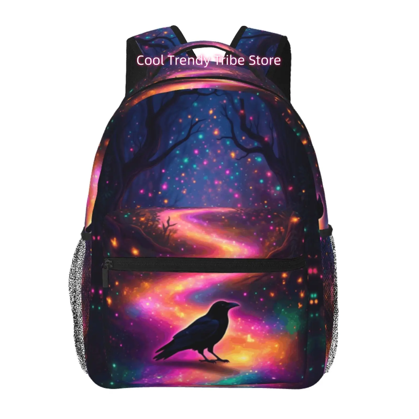 Mystical Raven Neon Galaxy Backpack with Neon Raven & Forest Print - High Quality Oxford Cloth, Adjustable Straps & Zipper Closu