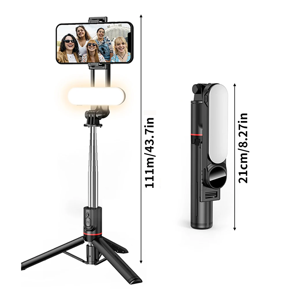 111cm Wireless Selfie Stick Tripod Stand with Detachable Fill Light Remote Control Aluminum Alloy Stable Shooting Live Streaming