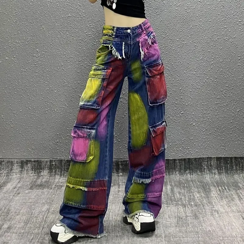 Spring Autumn New Handsome Combination of Color Casual Jeans Women's High Waist Loose Look Thin All Straight Leg Wide Leg Pants