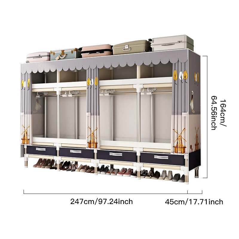 Wardrobe fabric with drawers, simple wardrobe, large double reinforced and thickened steel pipe fabric wardrobe