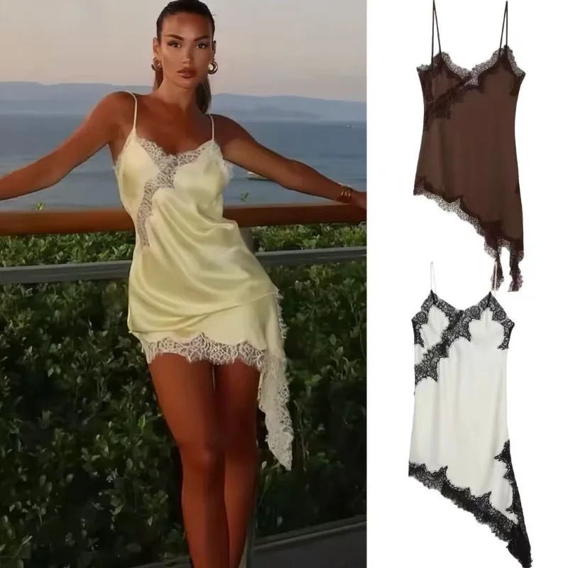 

Irregular Spliced Lace Summer Dress for Women Sexy Strap Dress Satin Holidays Beach Dress Chic Women Clothing