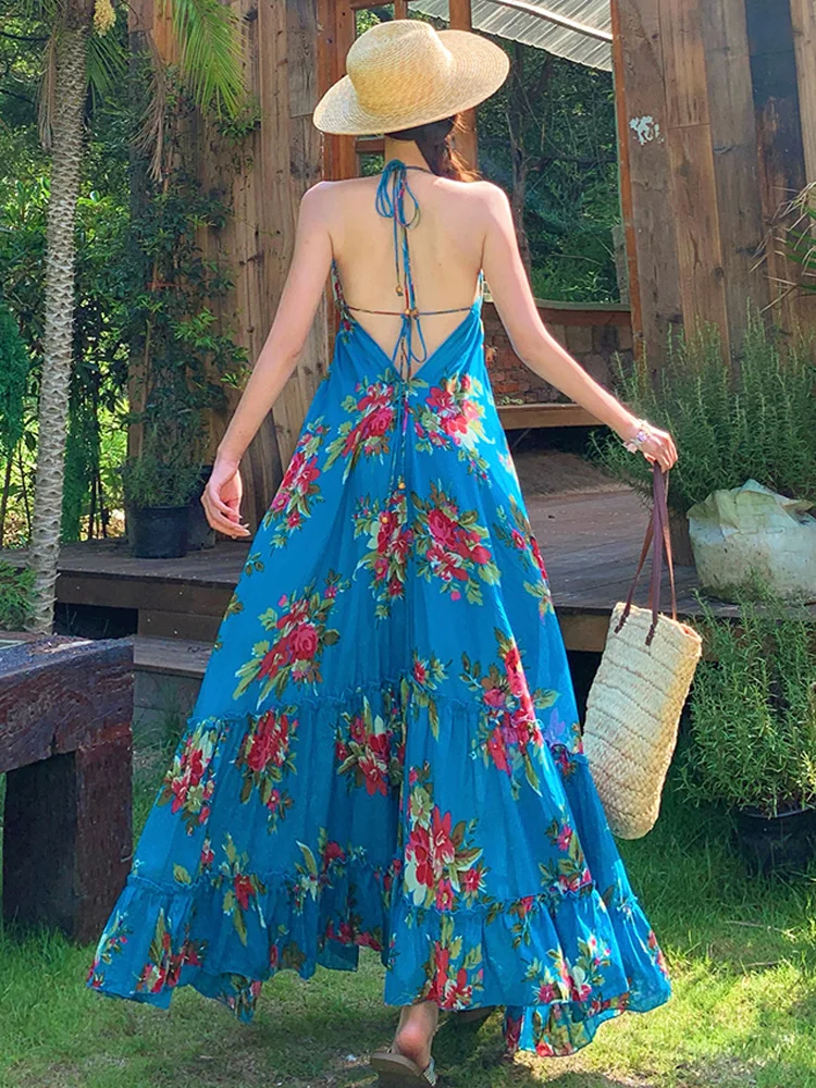 패션 여름 여성 Boho 블루 꽃 맥시 드레스 섹시한 오프 어깨 Backless 여성 v-목 캐주얼 파티 비치 드레스 가운