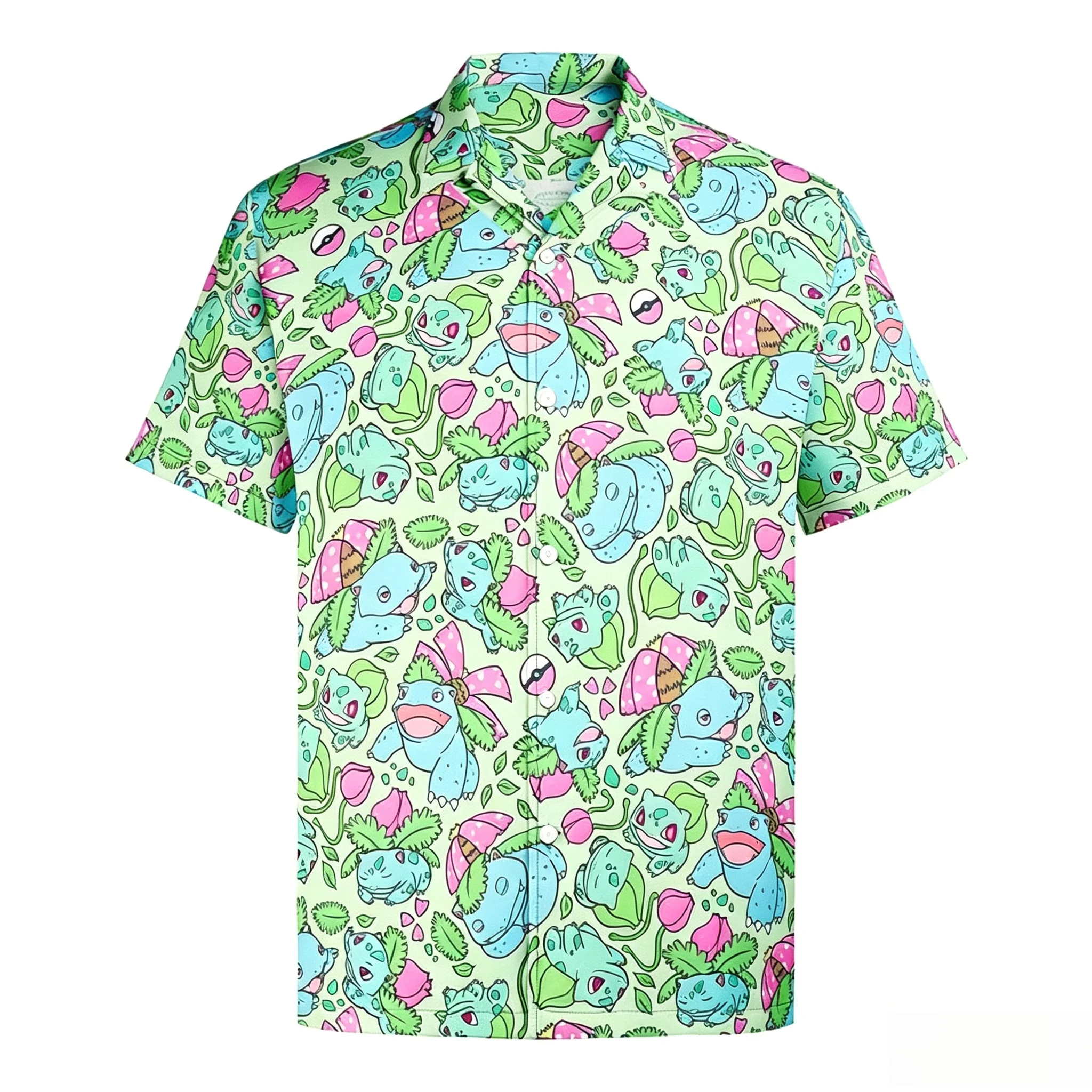 Bulbasaur Seeds Johnny Turtle Hawaii-Hemd mit durchgehendem Aufdruck, kubanischer Kragen, lässiges, kurzärmliges Strandhemd – Detail 3