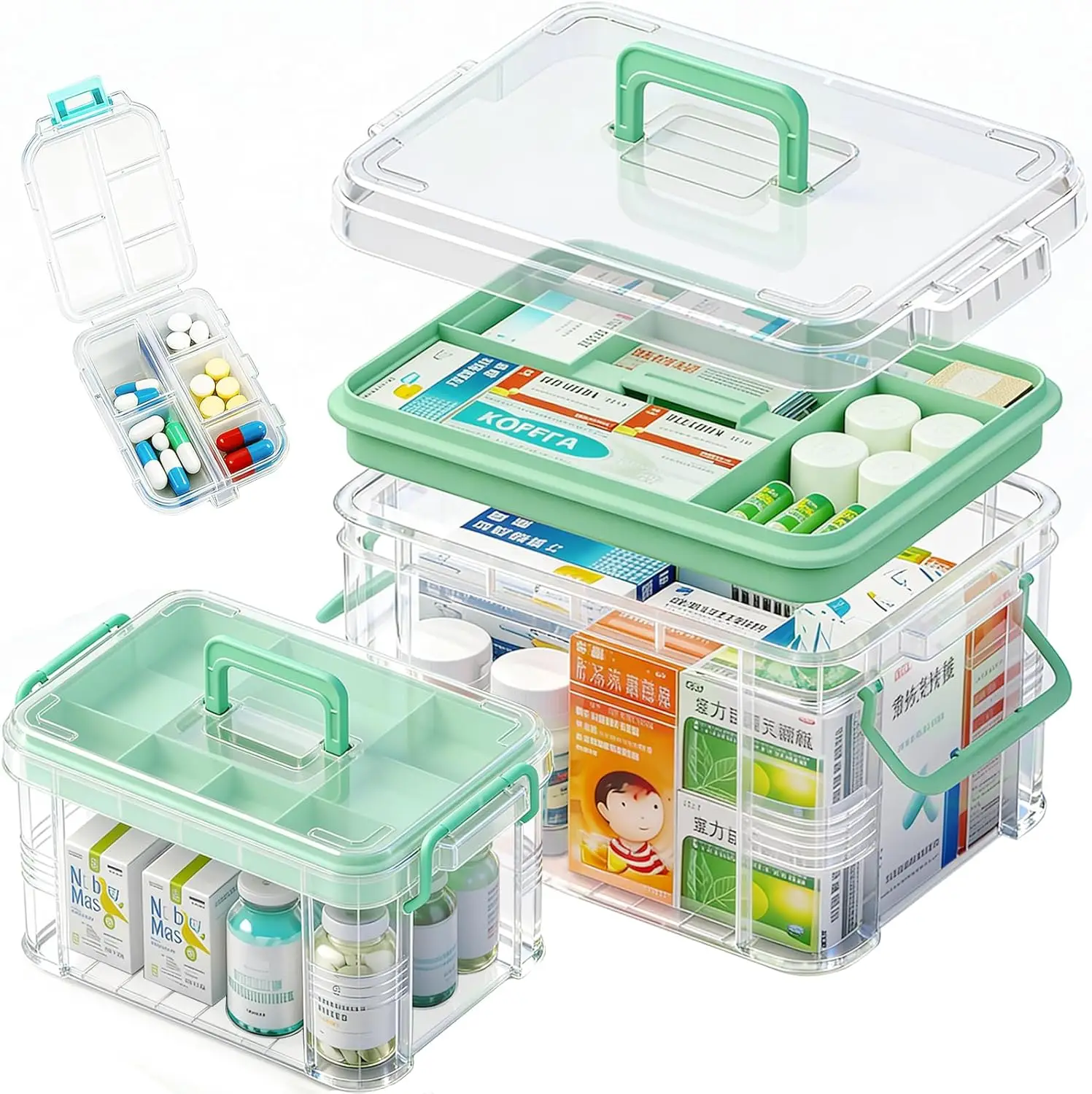 

2 Pack Clear Medicine Organizer Storage Box with Tray, Portable Medicine Cabinet with Handle, Plastic First Aid box Empty wit