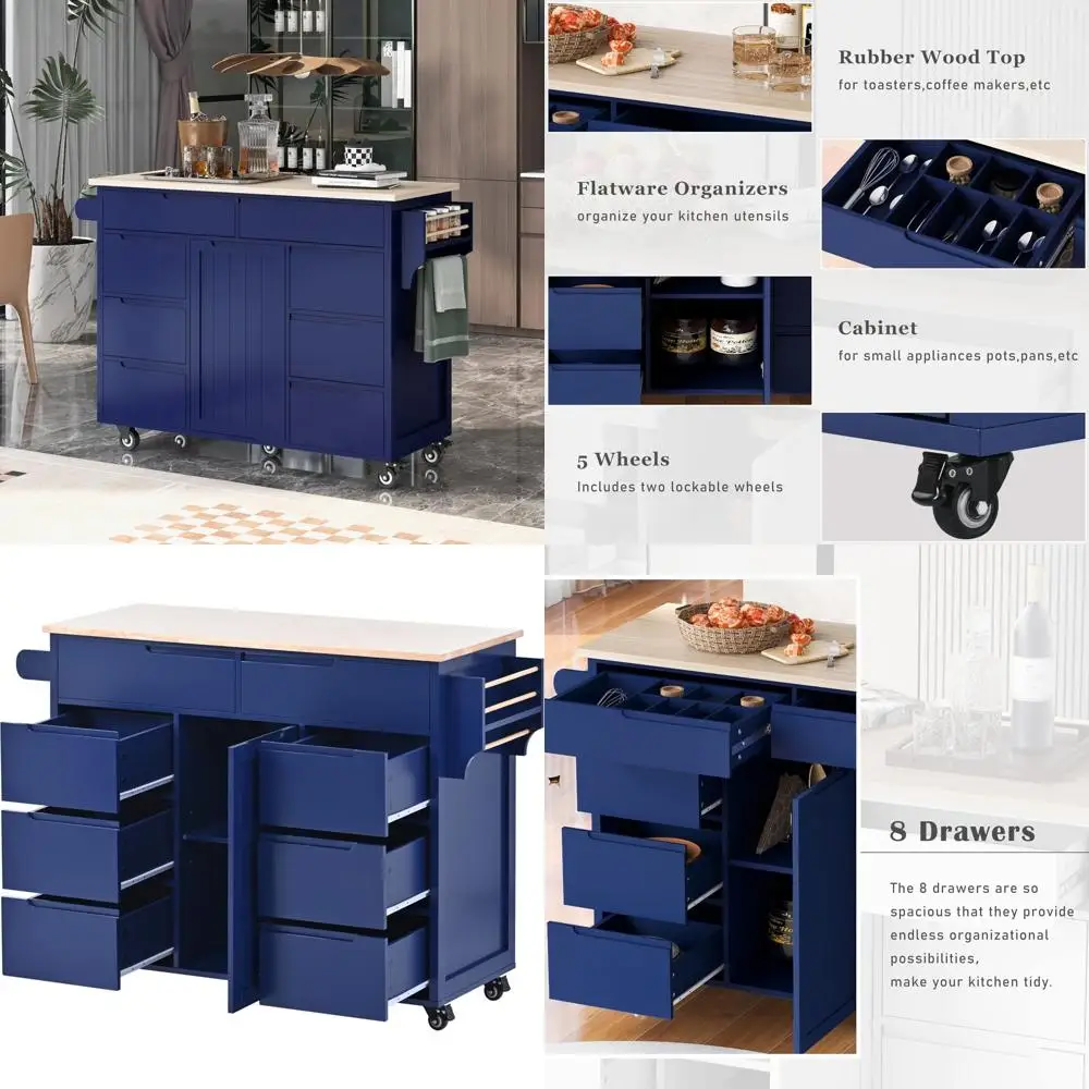 Mobile Kitchen Island Cart with Breakfast Bar, Spice Rack, Towel Holder, 8 Drawers, and 5 Wheels for Dining Area