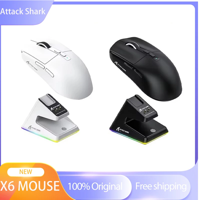 Attack Shark X6 Wireless Mouse PAW3395 Sensor RGB Three Mode Magnetic Charging Base FPS Gaming Mouse Pc Gamer office game mouse