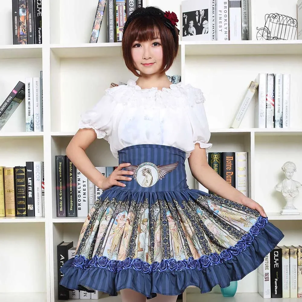 Sweet Mori Girl High Waist Skirt Blue Musha Printed Women\'s Short Skirt with Ruffles