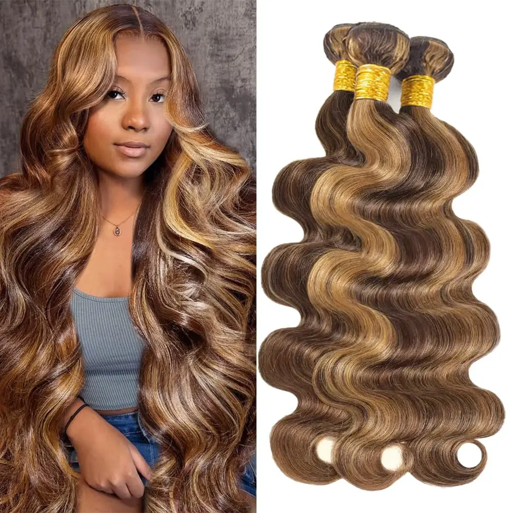 16A ハイライト 4/27 ボディウェーブ バンドル 人毛 30インチ レミー ブラジリアン人毛 4ピース ハニーブロンド ピアノカラー ヘアエクステンション