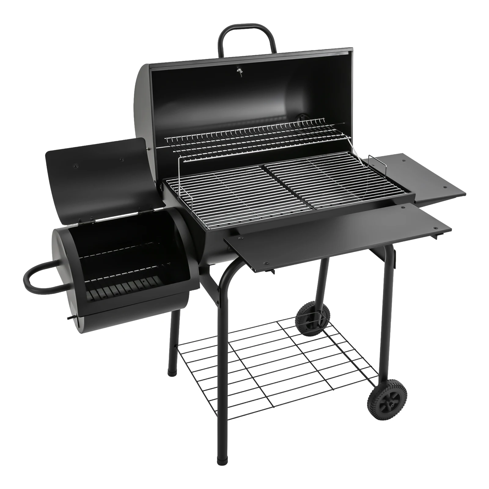 Großer schwarzer Holzkohlegrill mit Seitentischen, 4-6 Personen Outdoor-Grill mit Thermometer & Rädern, robuster tragbarer Holzkohlegrill für Garten, Camping und Picknick (Schwarz) – Detail 7