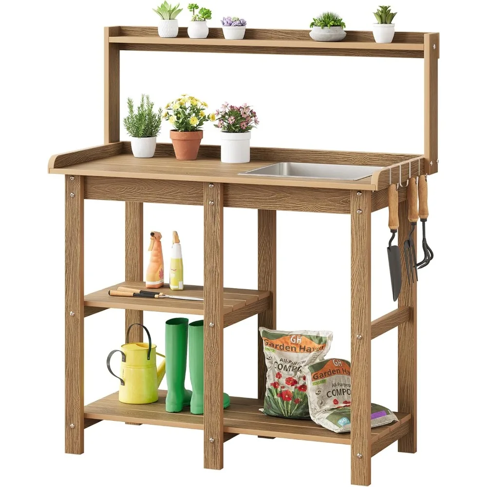 Potting Bench, Outdoor Potting Bench Table with Removable Sink, Garden Table with Storage Shelves & 4 Side Hooks, No Rot,No Fade