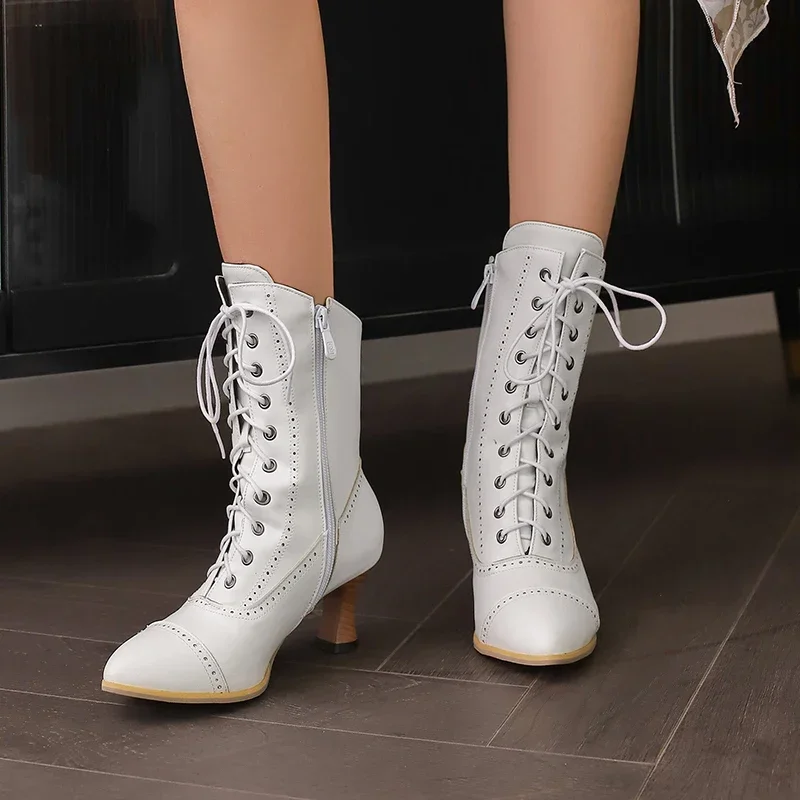 Big Size Victoria Ankle Boots Women High Kitten Heels Winter Dress Office Lady Blue White British Pointed Toe Zipper Short Boots