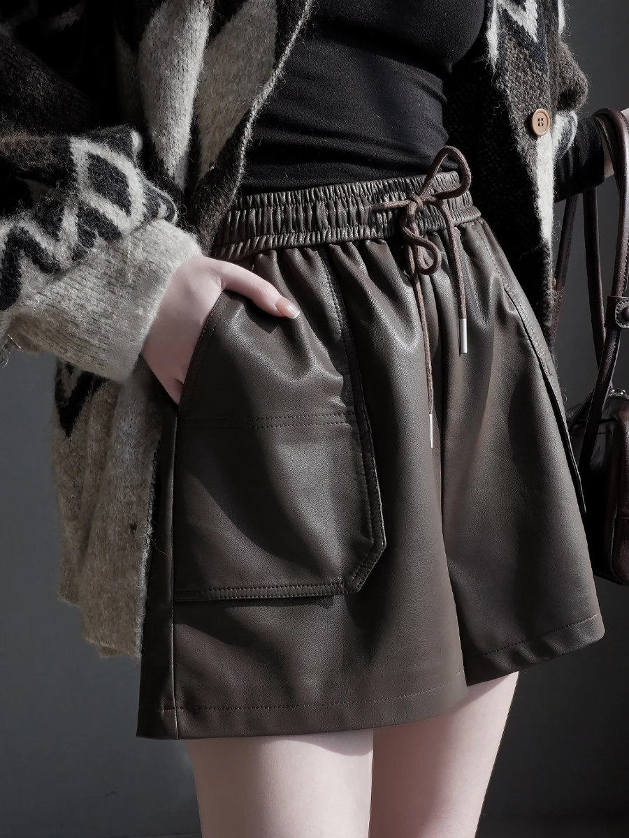 

Женские широкие брюки Warmo из искусственной кожи с высокой талией, свободного кроя, с нашивками, повседневные, осенне-зимние, модные