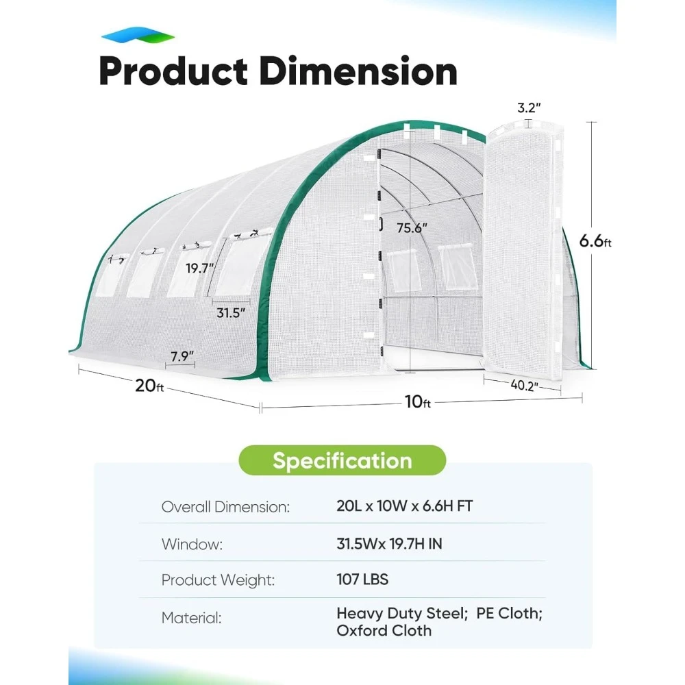 Premium Greenhouse Swing Door Large Walk-in Green House for Outdoors, Upgraded Tunnel Hoop House Frame and Cover for Ou