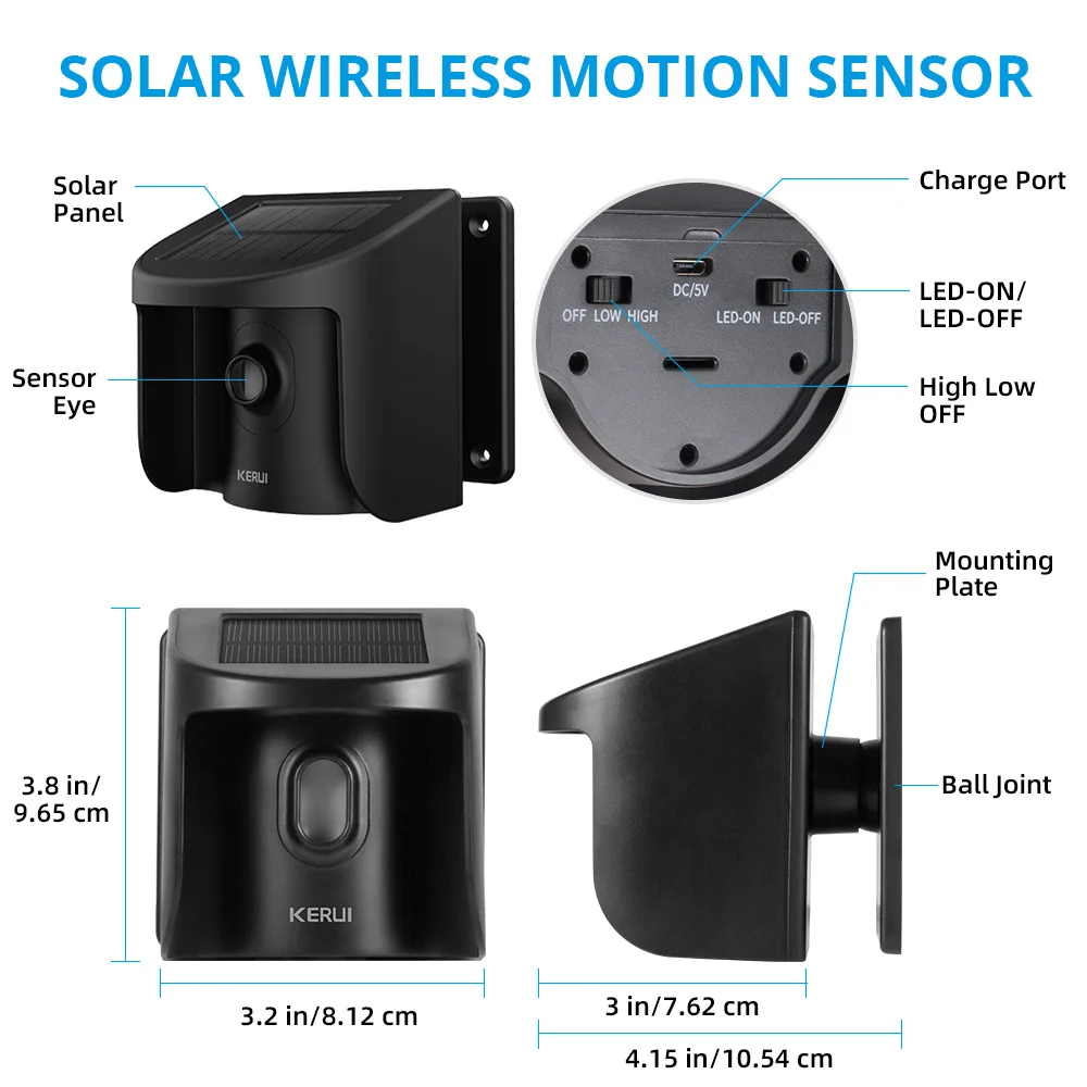 Imagem -05 - Wireless Outdoor Driveway Sistema de Alarme Smart Home Solar Powered Pir Detector de Movimento Infravermelho Intempéries Segurança Kerui-dw9