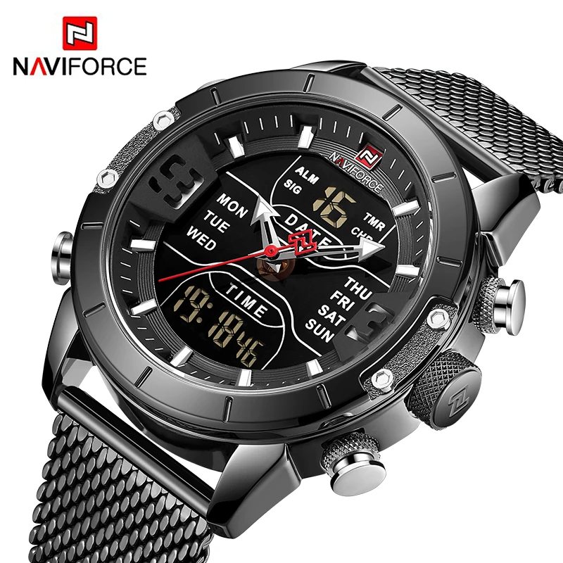 NAVIFORCE Men\'s Watches Fashion Sports Dual Display Watch Stainless steel Waterproof Military LED Digital Alarm Clock Wristwatch