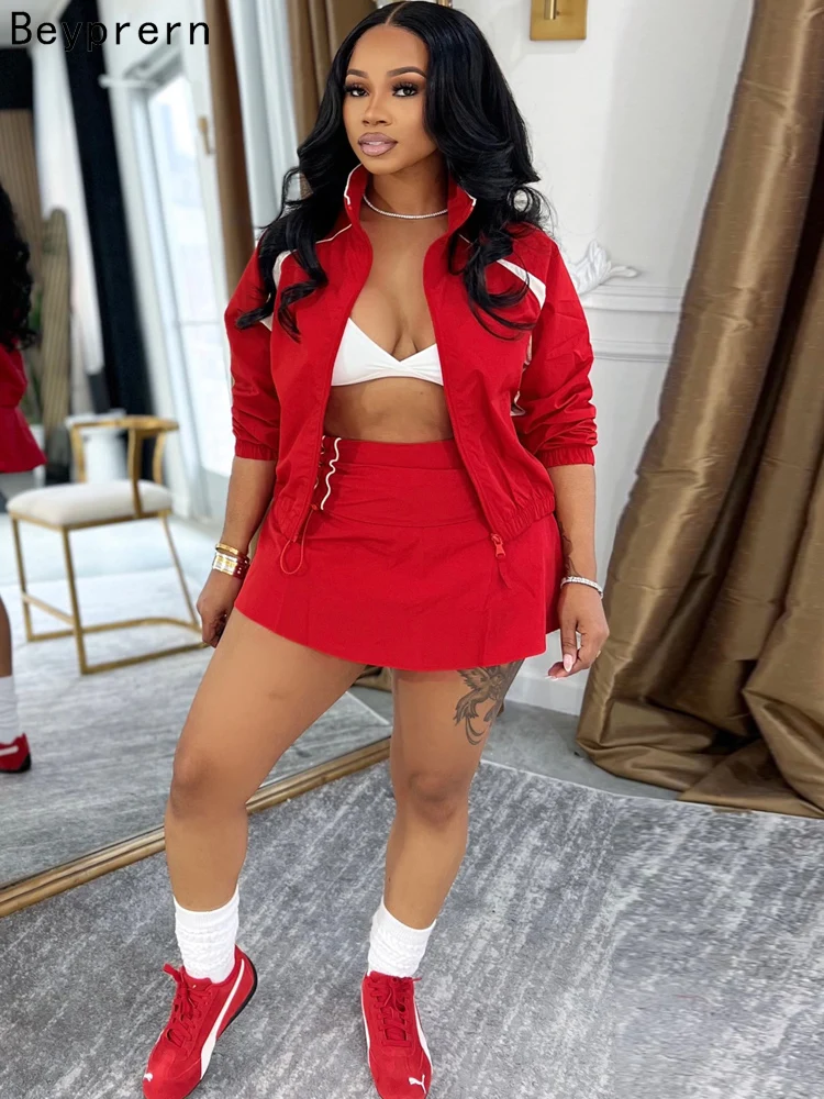 Beyprern Red Sporty 2 Piece Set Women 2026 New Casual Zip Up Jacket and Mini Skirt Matching Set Streetwear Athleisure Outfits