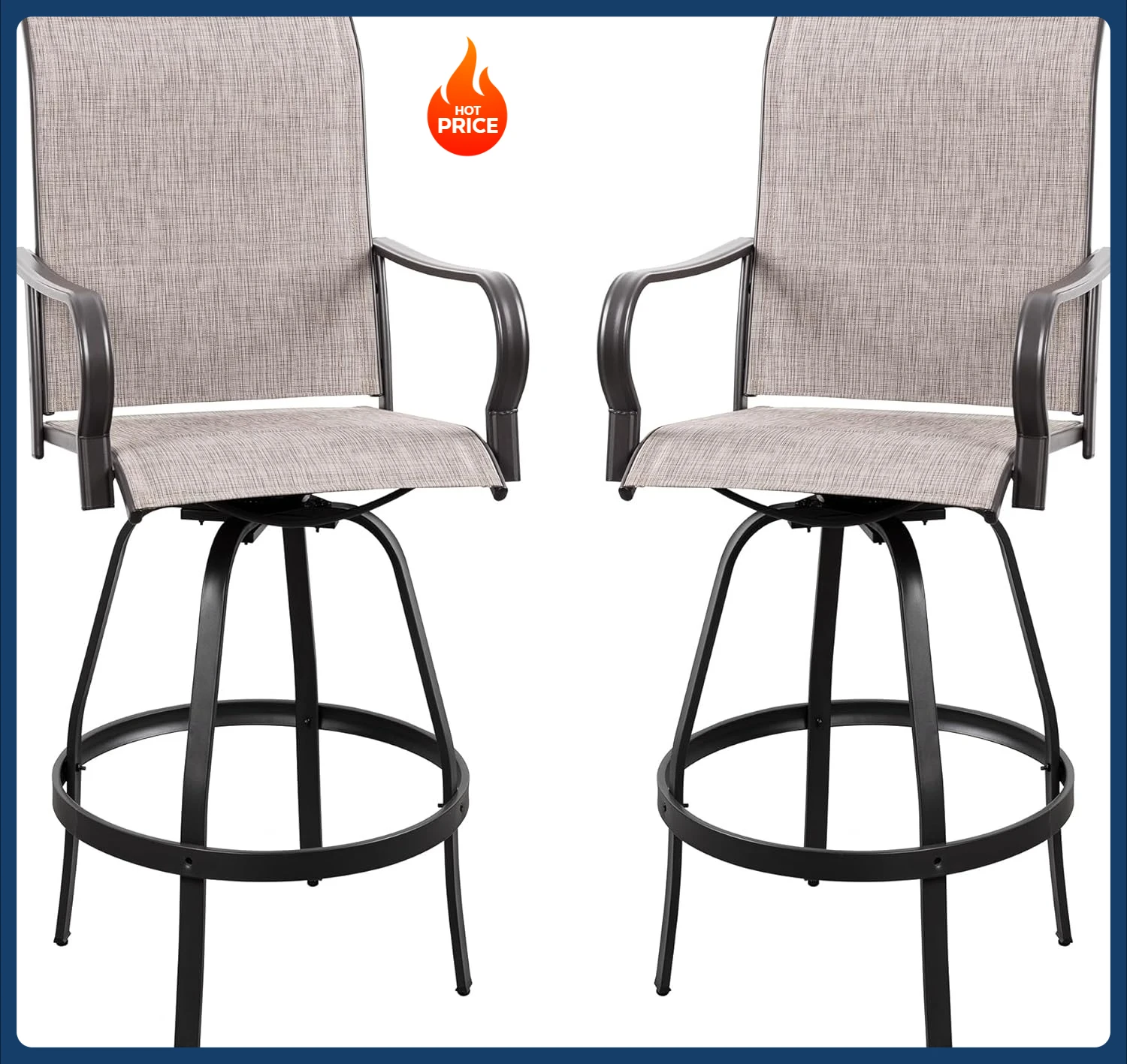 [¡Oferta caliente! ]Sillas de bar giratorias para patio de 2 piezas, sillas de taburetes de bar giratorios altos textiles metálicos para todo tipo de clima, juego de bistró de alta calidad para exteriores