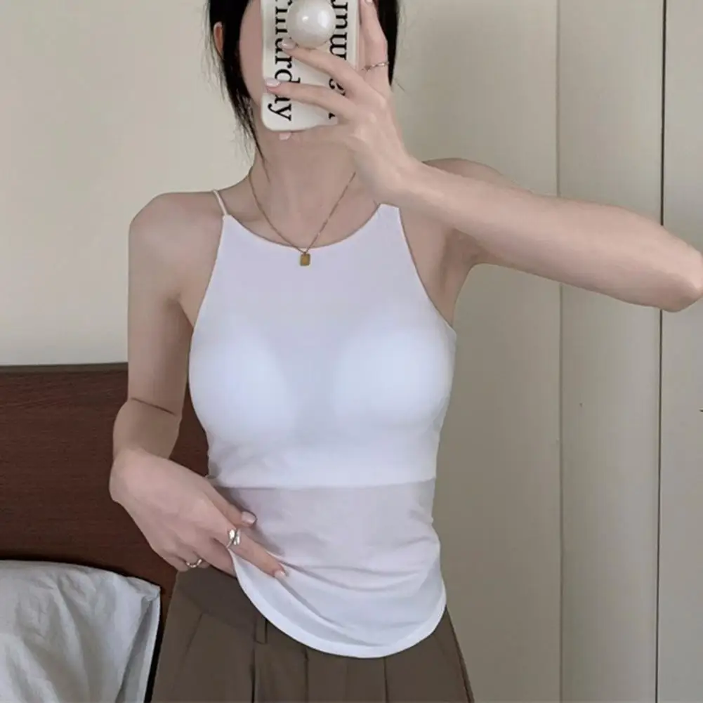 Summer Women's Padded Cami Tank Top Double Lined Spaghetti Strap Basic Undershirts With Built In Bra Slim Fitted Vest Top