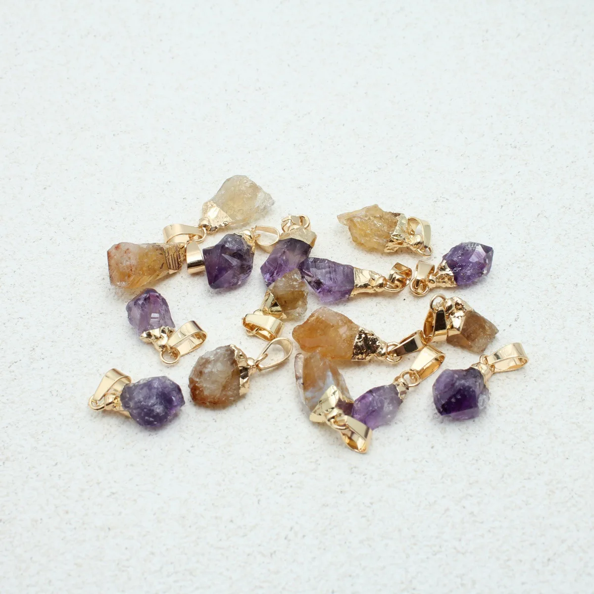 Natural semi-precious stone amethyst citrine rough stone gold-plated edge pendant handmade DIY jewelry accessories