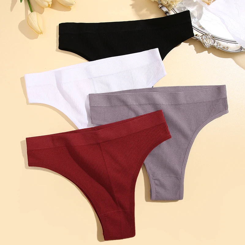 2PCS Women Seamless Panties Sexy Low-Rise Thong Solid Color Brazilian Pants Soft Intimates Underwear Female Breathable Lingerie