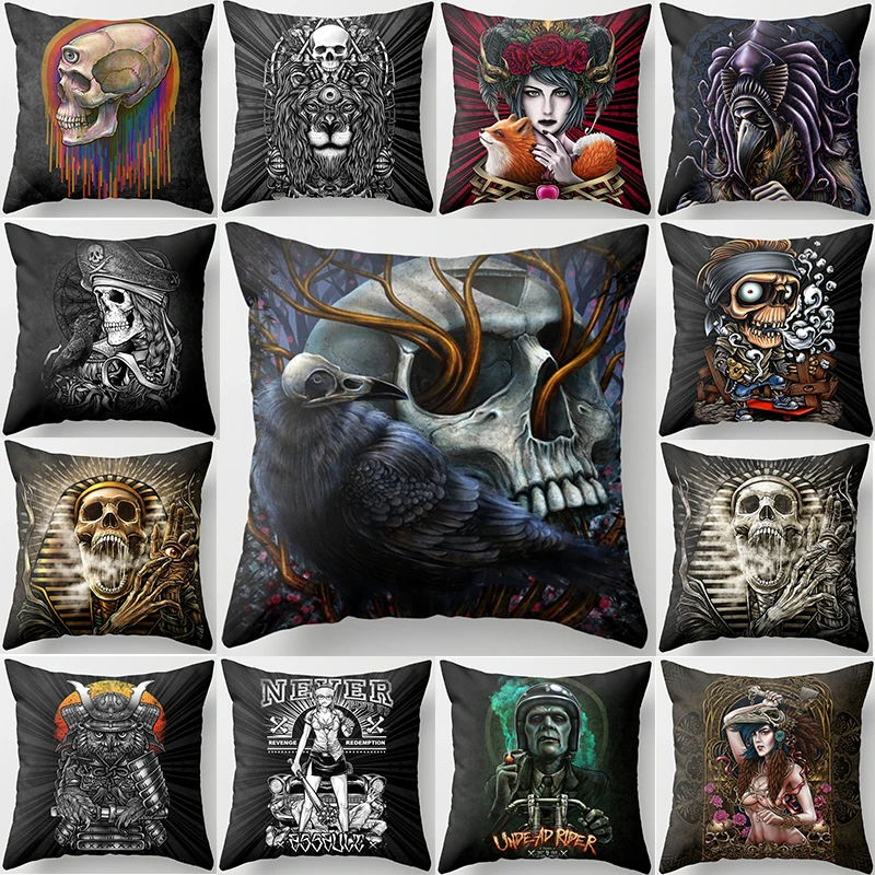 Holloween Switch Skeleton Birds  Pattern Pillow Case Short Plush Square Thick High Quality Pillow Cover Size 45cm By 45cm