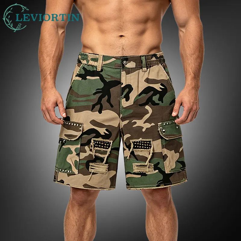Men's Summer Camo Cargo Shorts, Vintage Distressed Denim Shorts Rivet Decor Casual Loose Fit Knee Length Workwear Shorts for Men