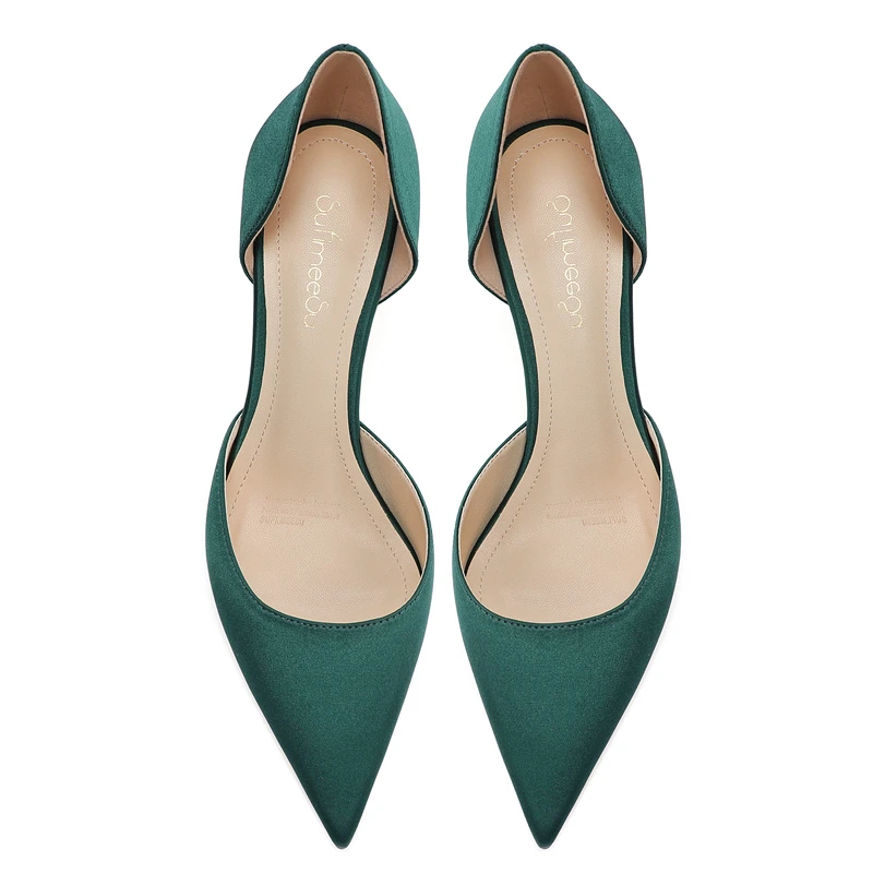 Dark Green Satin Pumps Women New Sexy Pary Dress High Heels 6cm Medium Stiletto Pointed Toe Slip-on Hollow Daily Wear Shoes