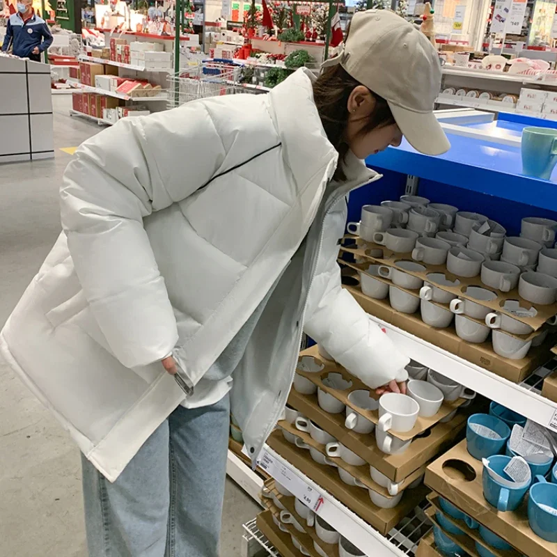 Chaquetas gruesas acolchadas de plumón para mujer, abrigo holgado de algodón con cremallera, cuello alto, ropa de abrigo para estudiantes, invierno, 2023
