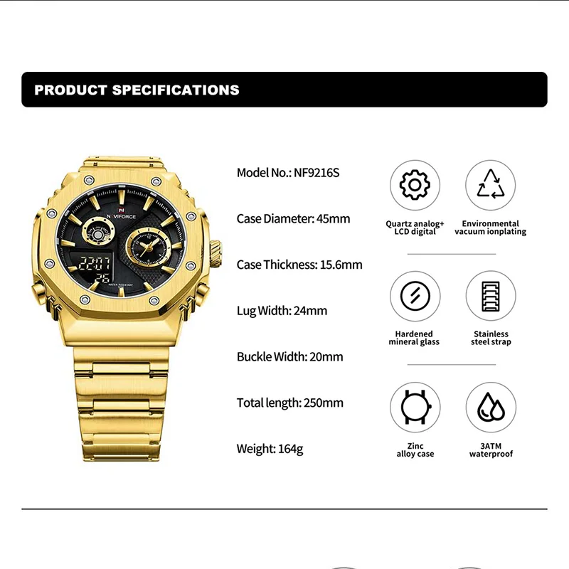 NAVIFORCE Men\'s Sport Watch Stainless Steel Strap Waterproof Quartz Wristwatch Male LCD Display Durable Clock Relogio Masculino