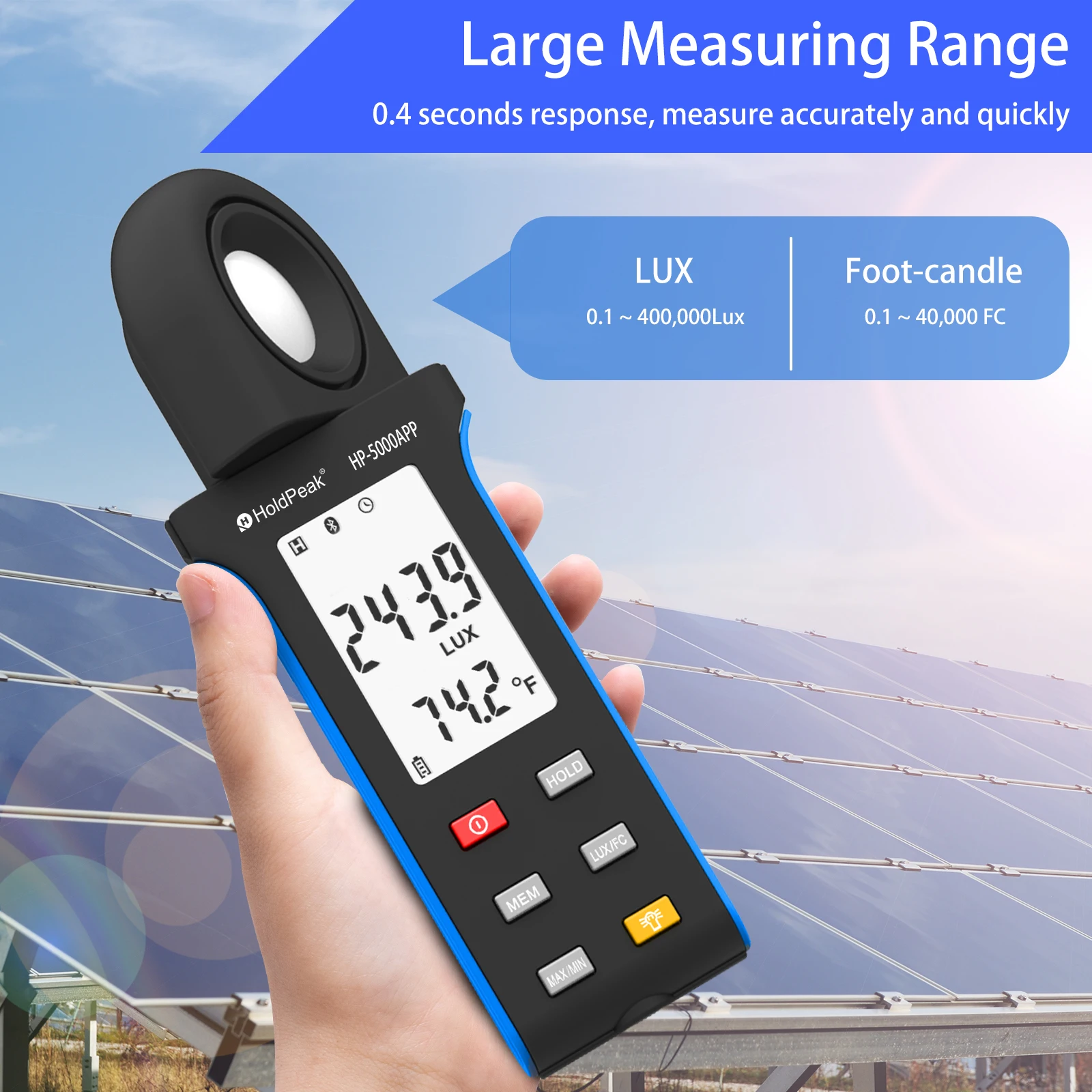 Handheld Digital Light Meter with Temperature, Illuminance Meter, Bluetooth,1-400000Lux, 270 ° Rotatable,LCD Screen