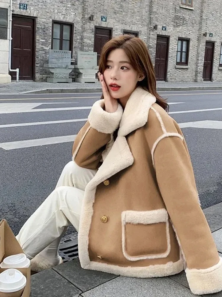 Winter Warm Plush Thicken Casaco Casual Classic Lamb Wool Lined Jacket  Overcoat Women Korean Chic Single Breasted New Coat 2023