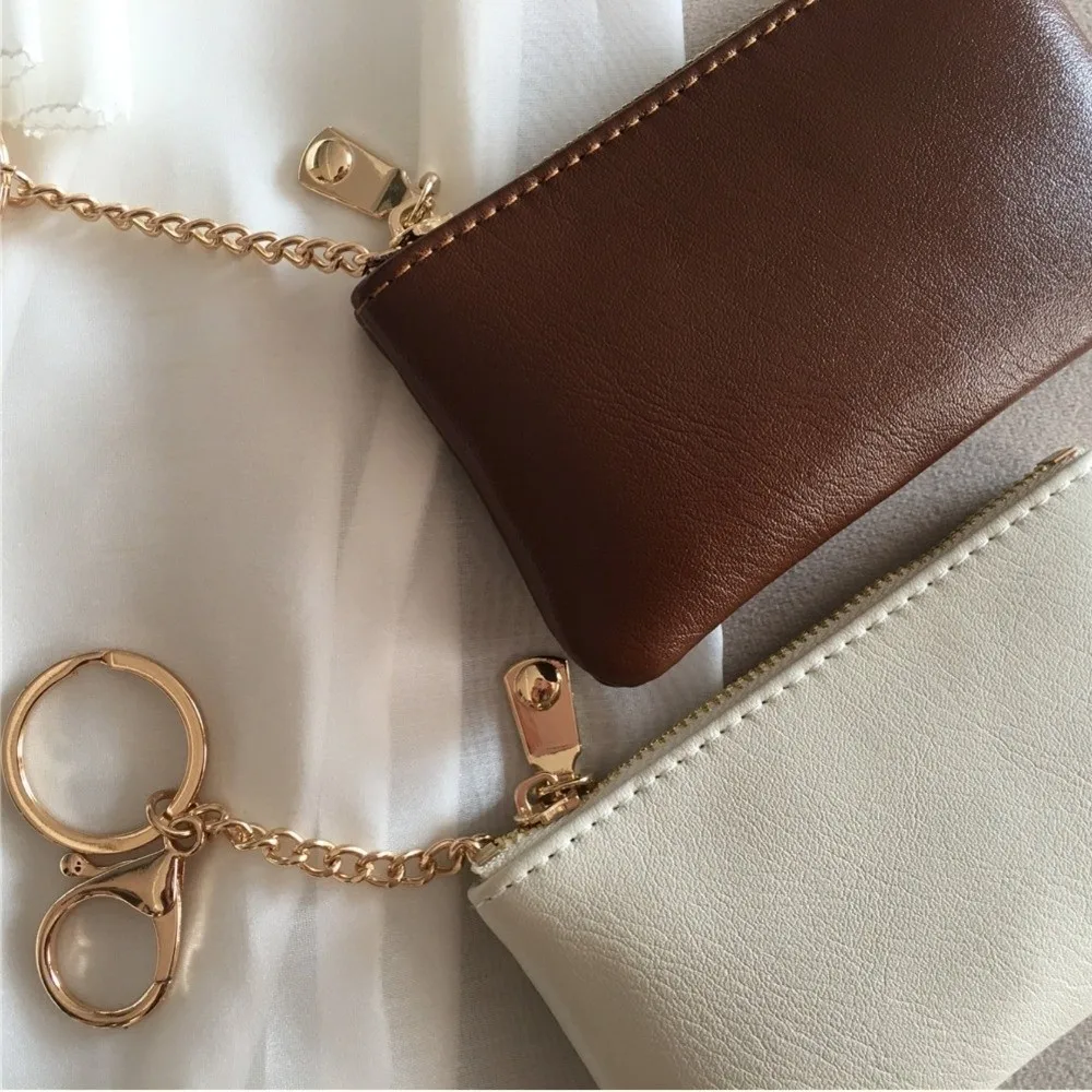 Fashion PU Leather Mini Coin Purse with Metal Chain Keyring Solid Color Small Zipper Bag Thin Card Wallet