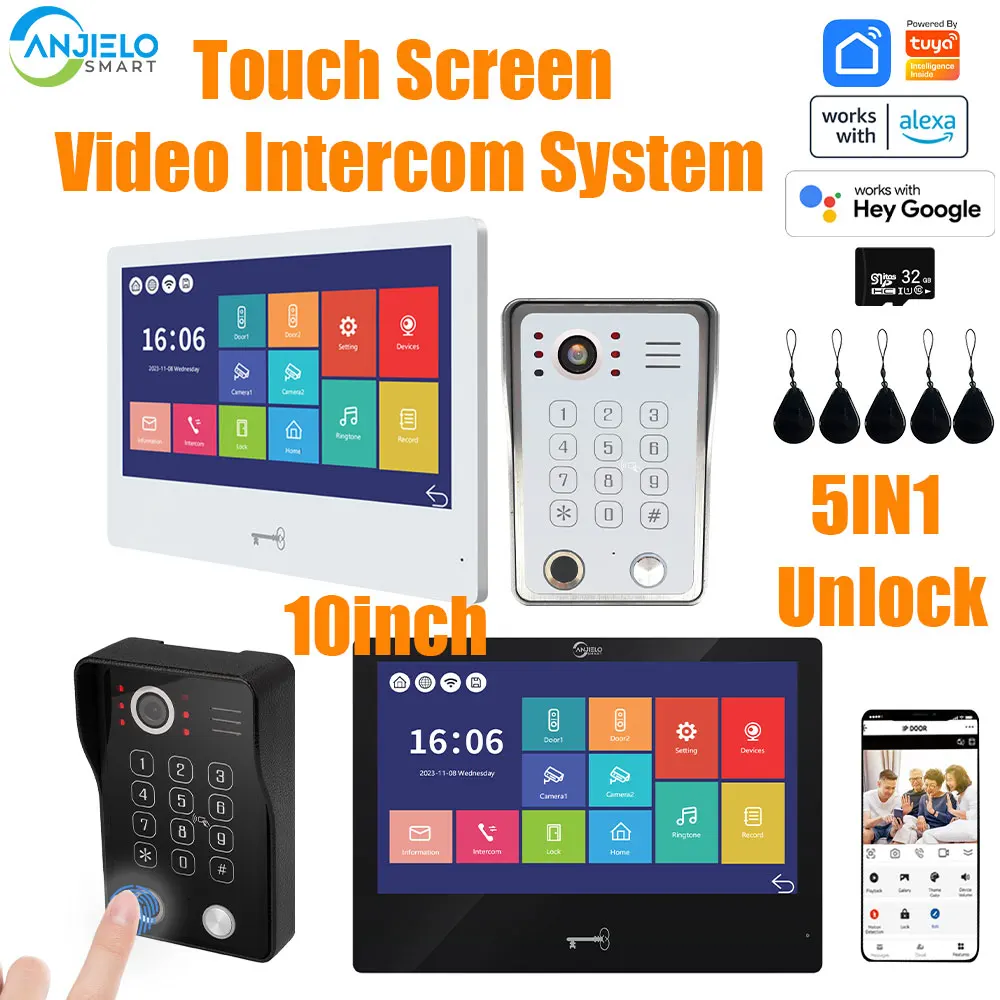 

Fingerprint 5in1 Unlock Wifi Doorbell Video Intercom System For Home Doorphone 1080P Touch Monitor Supports Tuya Alexa Google