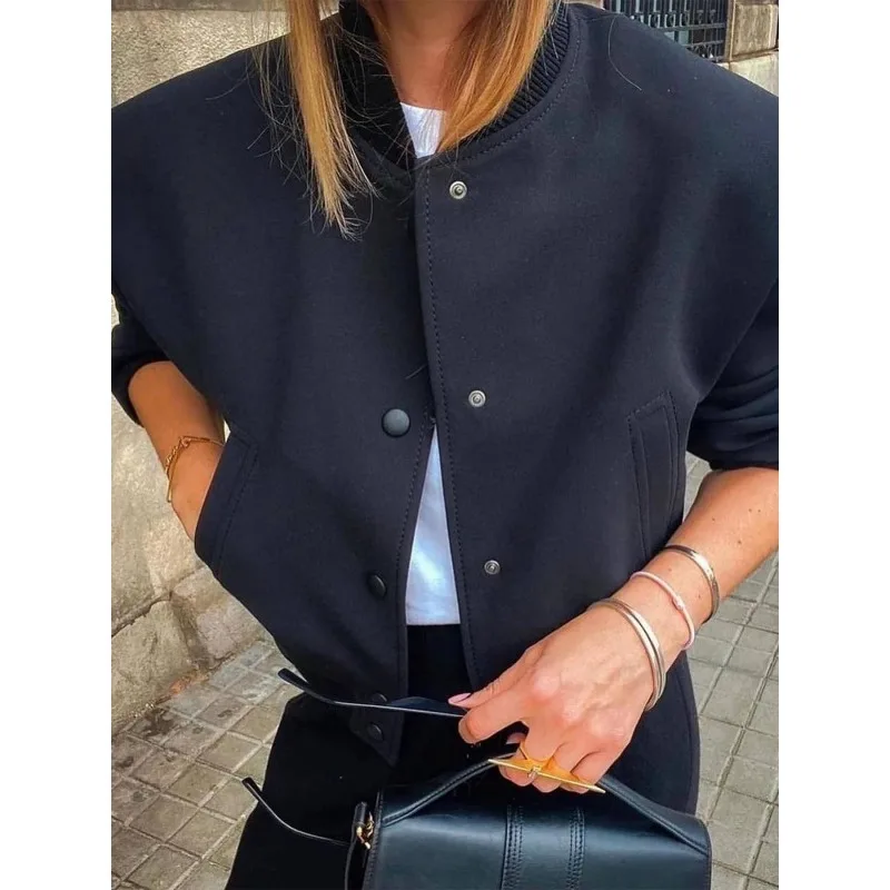 แจ็คเก็ตสั้นสีน้ำเงินกรมท่าสไตล์คนเมืองสำหรับผู้หญิง แฟชั่นฤดูใบไม้ผลิ 2026 ปกตั้ง แขนยาว ติดกระดุม มีกระเป๋า รุ่น 190987