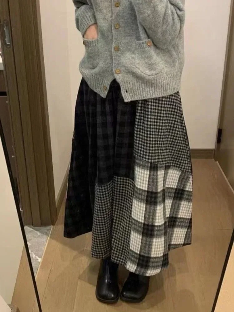 

Японская винтажная уличная шерстяная юбка, зимняя нерегулярная клетчатая лоскутная юбка для женщин Y2k, повседневная субкультурная юбка Faldas Mujer