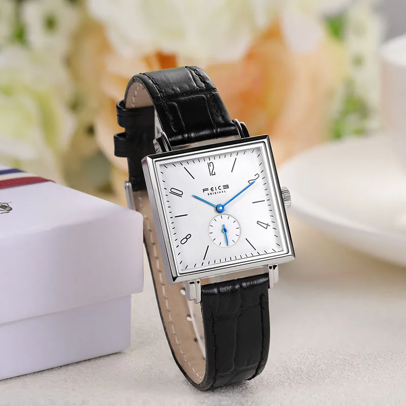 FEICE Women\'s Classic Bauhaus Wristwatch Sapphire Crystal Minimalist Clock Casual Square Analog Quartz Watch -FG301