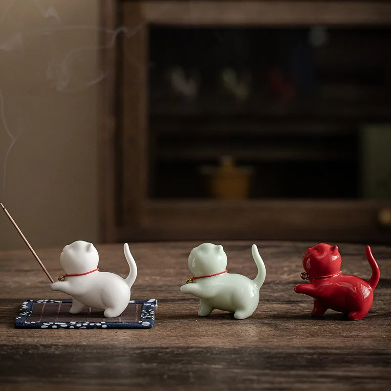 Cute Cat Ceramic Aroma Diffuser Incense Burner Holder Creative Desk Pen Holder Tea Pet Home Decor Office Gift for Living Room
