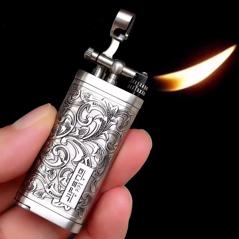 cigarette lighter pipe Monsoon Cigar Lighter, Embossed Retro Lighter Windproof Yellow Flame  Cigarette Lighter Pipe Press Rod Gift Box