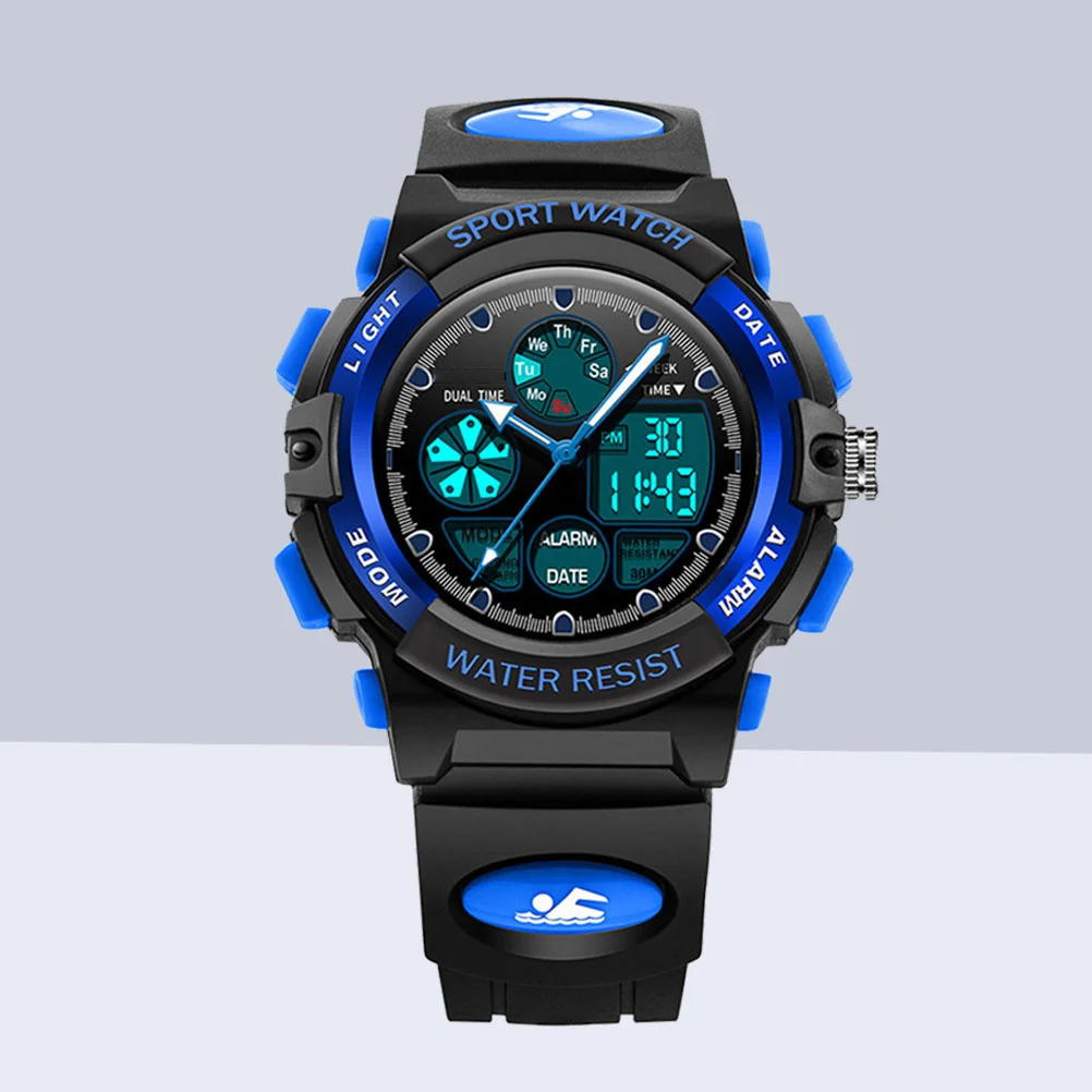 Wristwatch 30m Waterproof Multifunctional LED Light Alarm Calendar Dual Times for 3-13 Year Black Blue